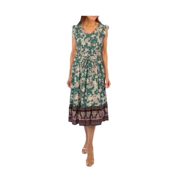 Luxology Green Floral Boho Midi Dress Large Smocked Top Tie Belt - Picture 1 of 9